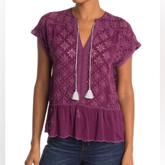Johnny Was Tops - Johnny Was Leith Silver Tassel V-Neck Top Boysenberry Eyelet Flower Small NWT